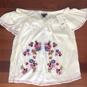 French Connection embroidered white peasant top